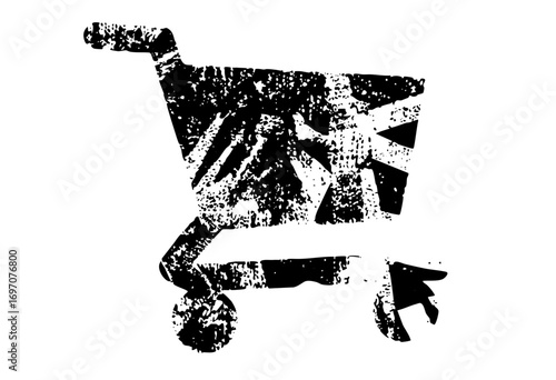 Vector Distressed shopping cart depicts retail and consumerism.
