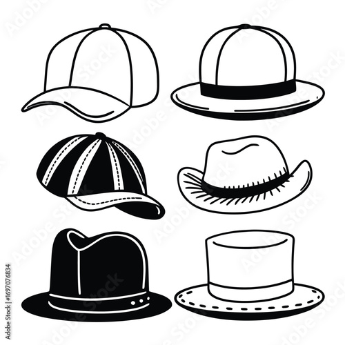 Six hand-drawn hat illustrations in black and white with varied styles headwear fashion
