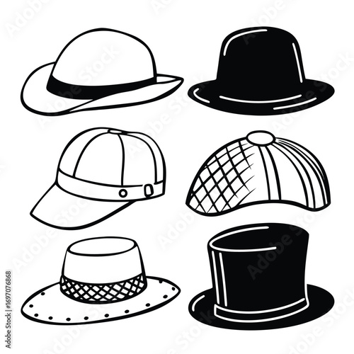 Six hand-drawn headwear illustrations including hats and caps in black and white fashion accessory