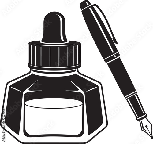 Classic inkwell and fountain pen illustration for calligraphy artists and writers concept