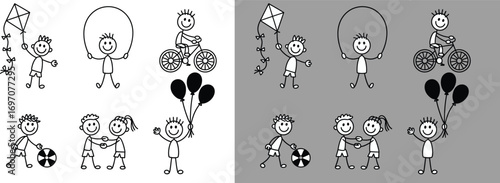 Adorable Stick Figure Kids Playing Outdoors Kite Flying Jumping Rope and More Fun Activities Clipart