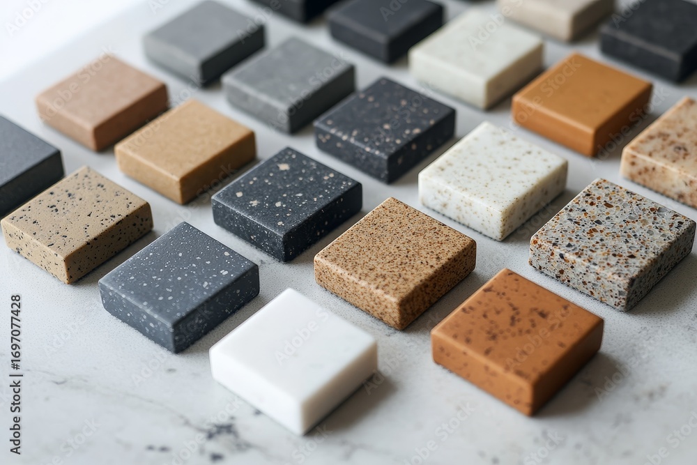 Fototapeta premium Displayed on a kitchen countertop, square samples of porcelain stoneware serve as examples for future kitchen facade exteriors. They illustrate the use of porcelain stoneware for finishing kitchen