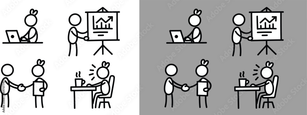 Obraz premium Stick-Figure Business Icon Set Laptop, Presentation, Handshake & Coffee Meeting