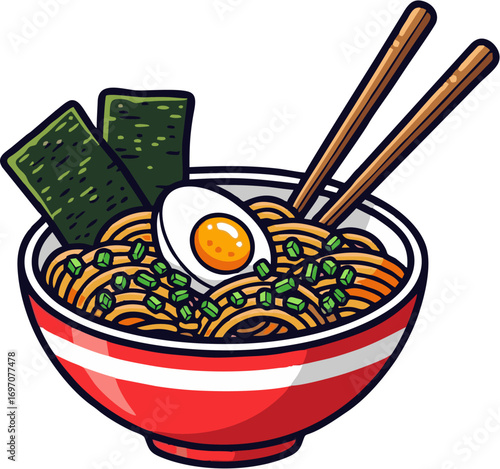 Delicious and appealing illustration of a Japanese ramen bowl with noodles, egg, and seaweed, perfect for food-related content