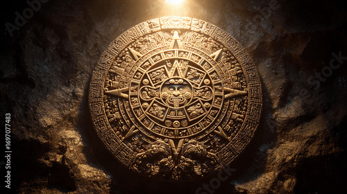 Ancient Mayan calendar displayed in a dimly lit cave