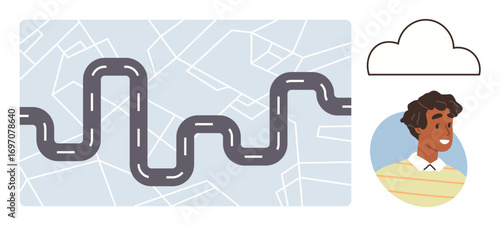 Curved road on a map background, portrait of smiling person in circle, cloud outline. Ideal for navigation, journey concept, travel, personality focus, strategic planning, road trip weather theme