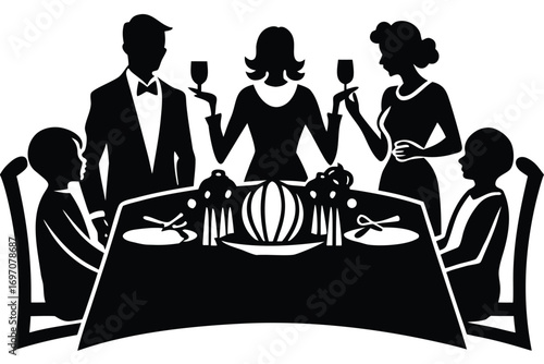 family dinner silhouette vector art design