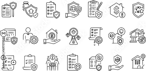 Insurance and risk protection icon set. Thin line editable stroke icons for financial security, personal and property insurance, risk management, legal coverage, and claims processing.