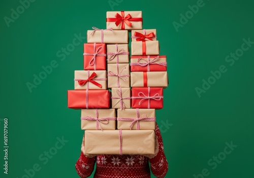 Stack of Christmas gifts on a green background.