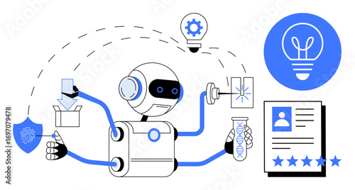 Wallpaper Mural Robot with multiple arms handling test tube, lightbulb, document, and package amid connected icons. Ideal for technology, automation, innovation, AI, machine learning creative processes simple Torontodigital.ca
