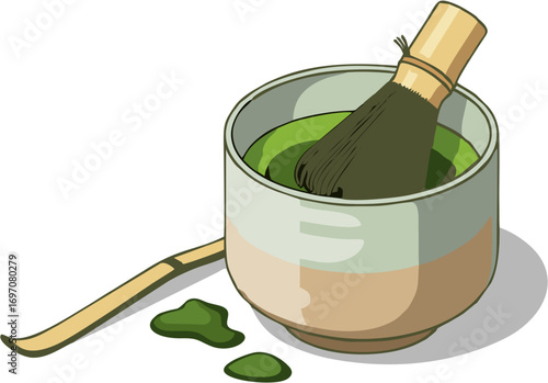 Matcha Tea Ceremony A Bowl of Green Tea and Whisk