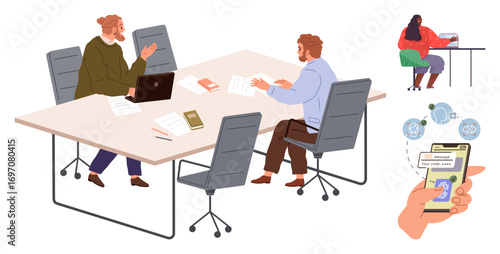 Team working at office table with laptops and papers, colleague working remotely on laptop, app for task management on smartphone. Ideal for remote work, teamwork, communication, technology