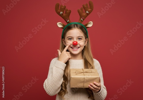 Girl with Christmas antlers and gift