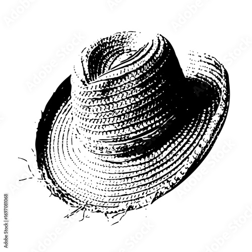 Vector Detailed of a woven straw hat with a dark ribbon.
