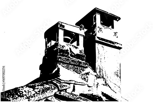 Vector Detailed of a historic tower structure atop a rocky hill.