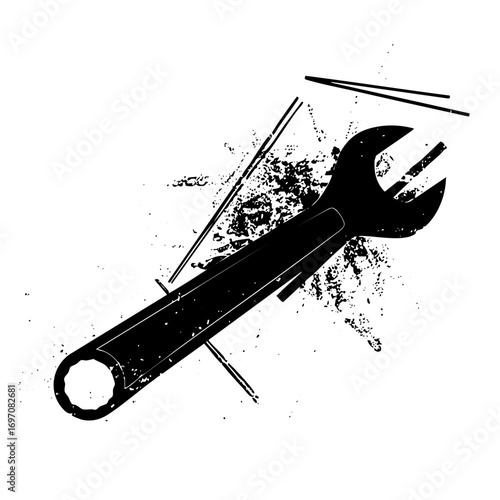 Vector Black wrench with scattered lines and splatters.