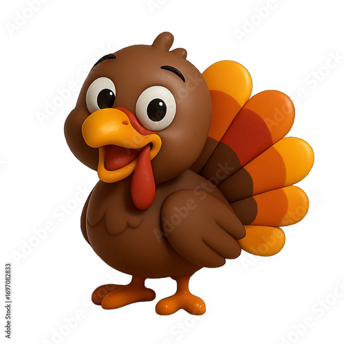 Cartoon smiling turkey 3D plastic icon with colorful feathers and goofy face