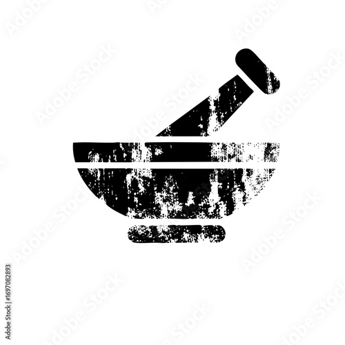 Vector Black mortar and pestle depicts pharmaceutical tools.