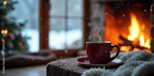 Cozy winter scene with a steaming mug near a warm fireplace, blankets, and snow falling gently outside a window Perfect for winter, holiday, and cozy themes , house, drink