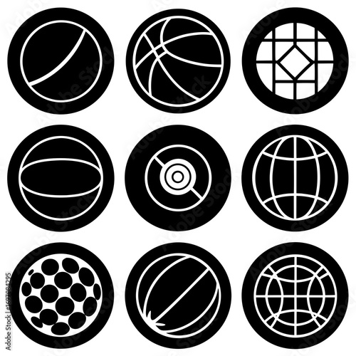 Nine circular icons featuring abstract representations of balls and globes in black and white sphere