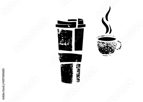 Vector Black silhouette of a travel mug and steaming coffee cup.