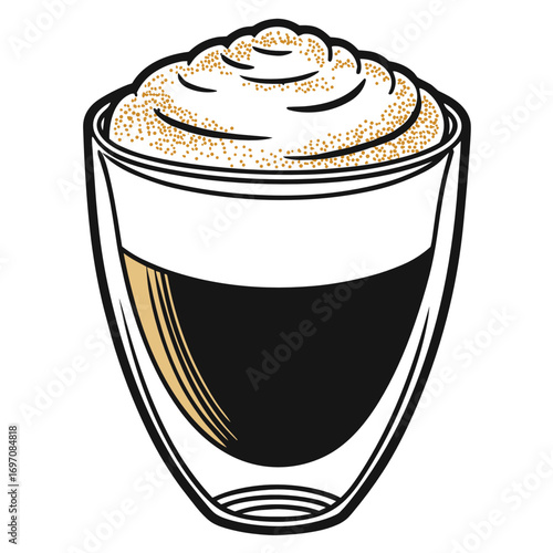 Glass of coffee topped with foam and cream on white background  