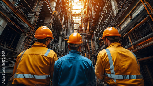 Industrial workers teamwork safety teamwork inside factory