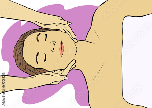 Smiling woman with her eyes closed receiving a relaxing neck massage, color image