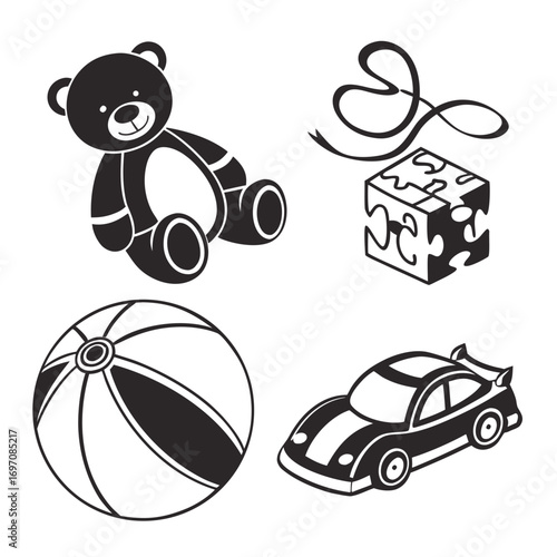 Illustration of a teddy bear, puzzle cube, ribbon, beach ball, and toy car in black and white style created with generated ai