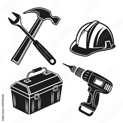 Illustration of construction tools including a hammer, wrench, helmet, toolbox, and drill in black and white created with generated ai