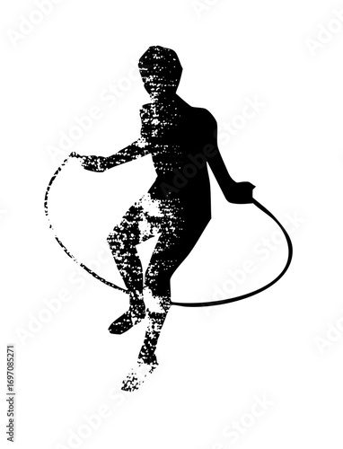 Vector Dynamic silhouette of a person jumping rope in a distressed style.