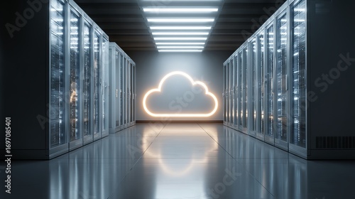 Modern server room with cloud computing neon sign, secure data storage for cutting edge technology solutions and global online services