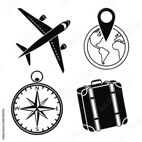 Illustration of airplane, globe with pin, compass, and suitcase icons representing travel elements created with generated ai