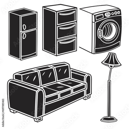 Illustration of a refrigerator cabinet washing machine sofa and lamp in black and white outline style created with generated ai