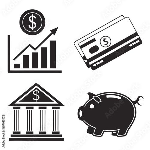 Illustration showing financial growth chart, credit cards, bank building and piggy bank icon set created with generated ai