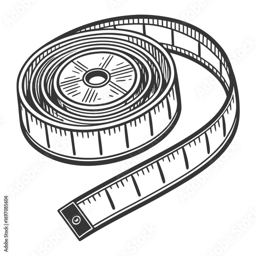 Illustration of a coiled measuring tape with visible markings and a metal end piece on a white background created with generated ai