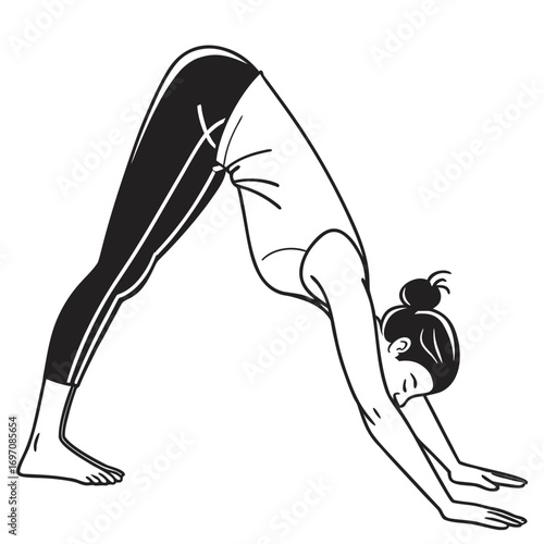 Woman in downward dog yoga pose with black leggings and bun hairstyle in a minimalist line drawing created with generated ai
