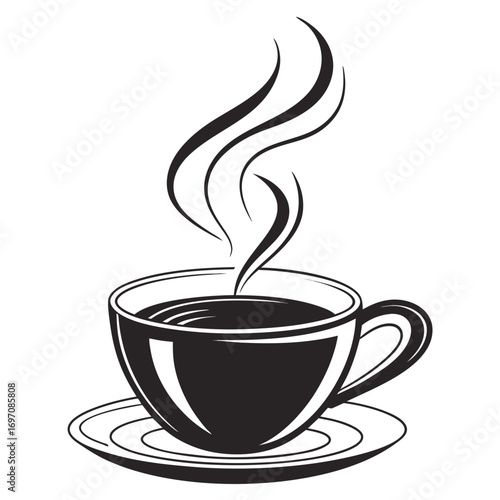 Illustration of a steaming cup of coffee on a saucer with visible vapor trails in black and white style created with generated ai