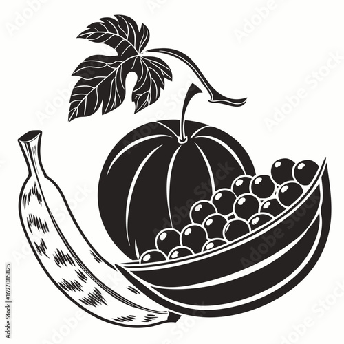 Illustration of a banana, watermelon with leaf, and a bowl of grapes in black and white graphic created with generated ai