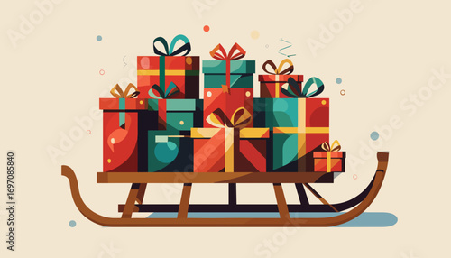 Wooden sleigh full of gifts in a mid-century modern style representing Christmas giving with copy space