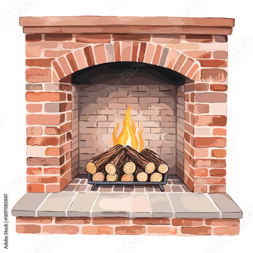 Traditional brick fireplace in watercolor style with a warm fire representing comfort and home