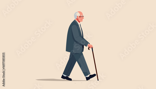 Elderly man in a suit with a cane walking with a gentle smile representing aging and dignity against a plain background