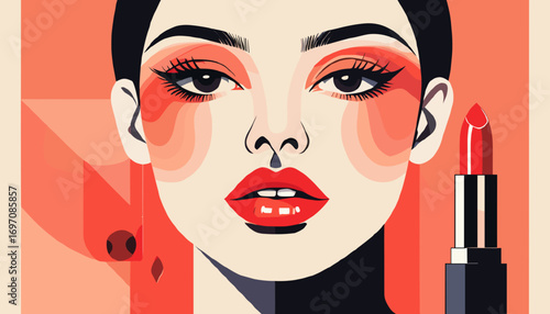 Young woman wearing bold red lipstick with a matching lipstick tube in a graphic illustration style with copy space