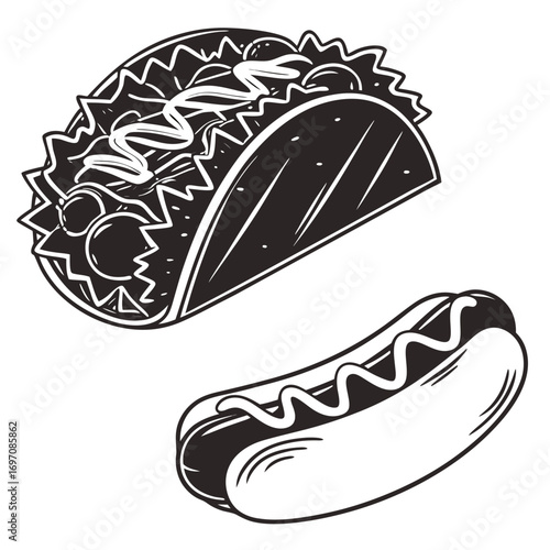 Illustration of a taco with visible fillings and a hotdog with mustard in black and white style design created with generated ai