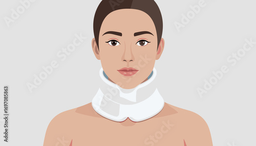 A person with a neck brace with a neutral expression representing injury or recovery against a plain gray background with copy space