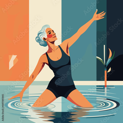 Elderly woman doing water aerobics with a focused expression representing active senior lifestyle and fitness