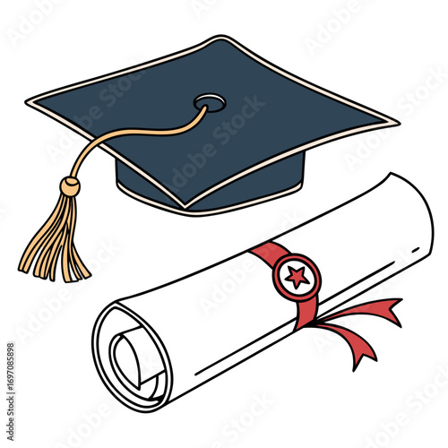 Illustration of a graduation cap with a tassel and a diploma scroll tied with a red ribbon and star seal created with generated ai