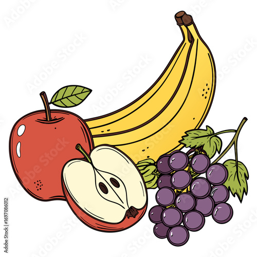 Illustration of a banana, red apple, half apple, and bunch of grapes arranged together on a white background created with generated ai