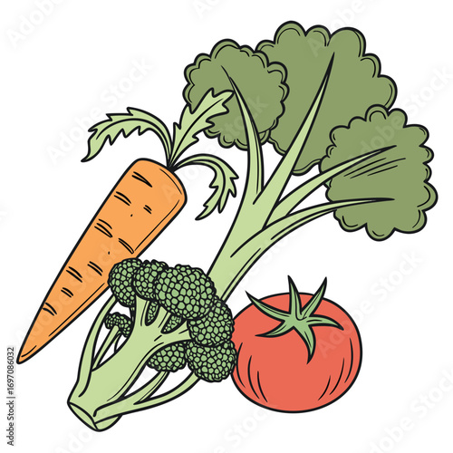 Illustration of a carrot, broccoli, and tomato arranged together on a white background surface created with generated ai