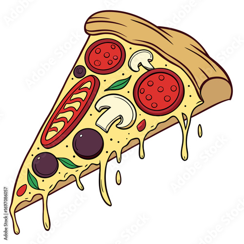 A cartoon slice of pizza with pepperoni mushrooms olives and dripping cheese on a white background created with generated ai